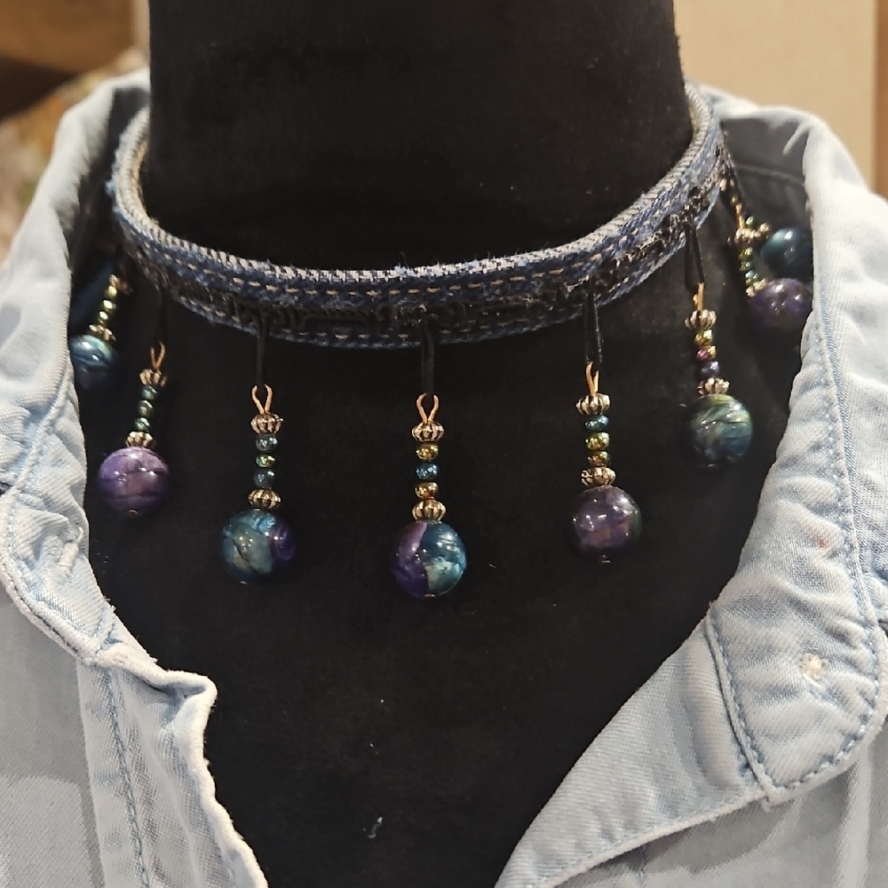 HANDMADE DENIM & GLASS BEAD CHOKER NECKLACE By ☆One Kind Denim Co. $18